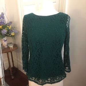 Talbots Pine Green 3/4 Length Sleeves Lace Top